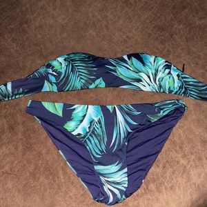 Reversible Palm Print Dark Blue Bandeau Bikini Swim Suit
